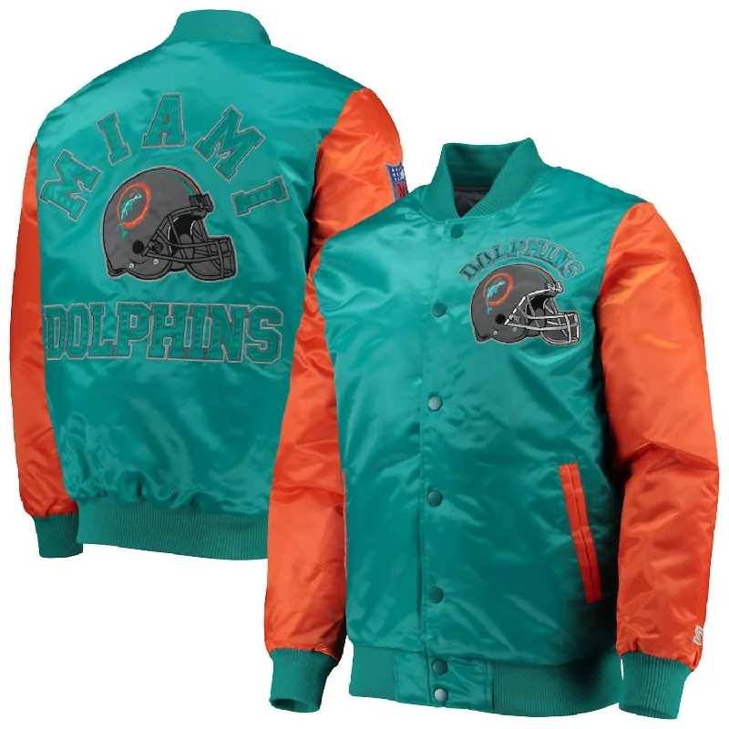 Slim - fit leather men jackets with a distressed finish for a rugged look Stylish men coats with a double - breasted design for a formal look Men's Miami Dolphins Varsity Jacket In Aqua/orange Slim - fit leather men jackets with a distressed finish for a rugged look Stylish men coats with a double - breasted design for a formal look Men's Miami Dolphins Varsity Jacket In Aqua/orange