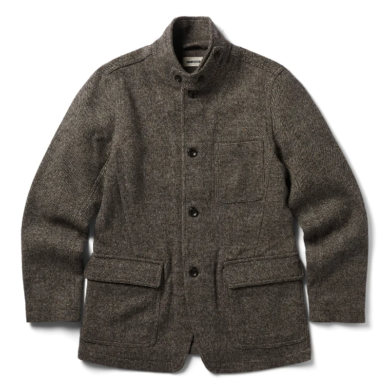 Men jackets with a built - in hood that can be stowed away when not in use Men coats with a hooded design for added protection against the elements The Gibson Jacket in Khaki Donegal Wool Men jackets with a built - in hood that can be stowed away when not in use Men coats with a hooded design for added protection against the elements The Gibson Jacket in Khaki Donegal Wool