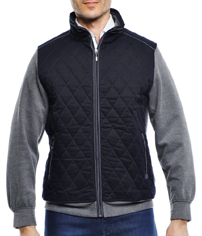 Denim men jackets with embroidered patches for a personalized touch Men coats with a detachable faux - fur collar for a trendy and warm touch Navy and Grey Quilted Knit Jacket Denim men jackets with embroidered patches for a personalized touch Men coats with a detachable faux - fur collar for a trendy and warm touch Navy and Grey Quilted Knit Jacket