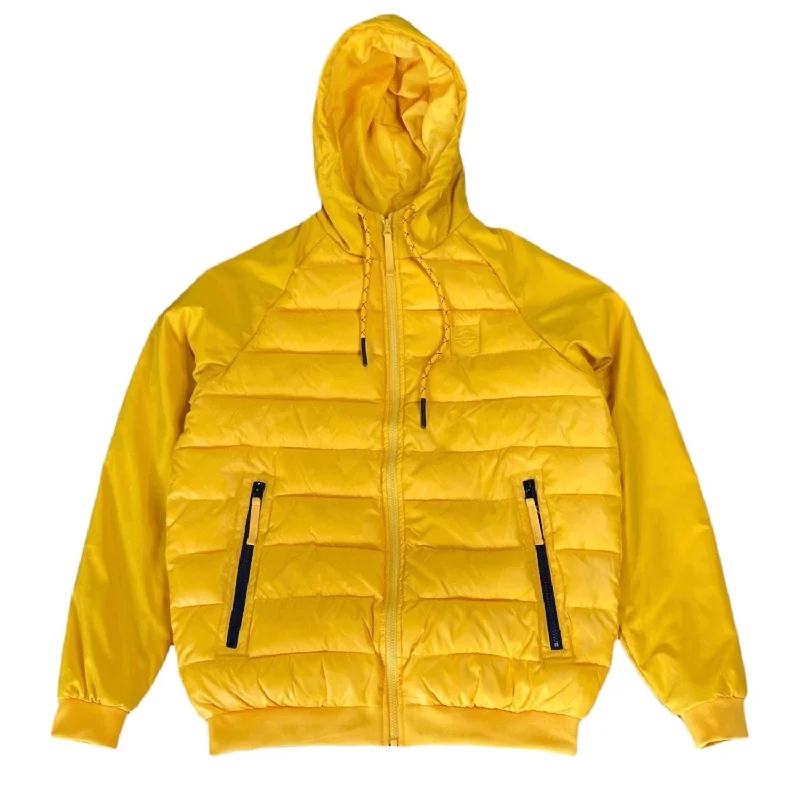 Men jackets with a hidden interior pocket for secure storage Men coats with multiple inner pockets for convenient storage of essentials Men's Carpe Diem Quilted Hooded Jacket In University Gold Men jackets with a hidden interior pocket for secure storage Men coats with multiple inner pockets for convenient storage of essentials Men's Carpe Diem Quilted Hooded Jacket In University Gold