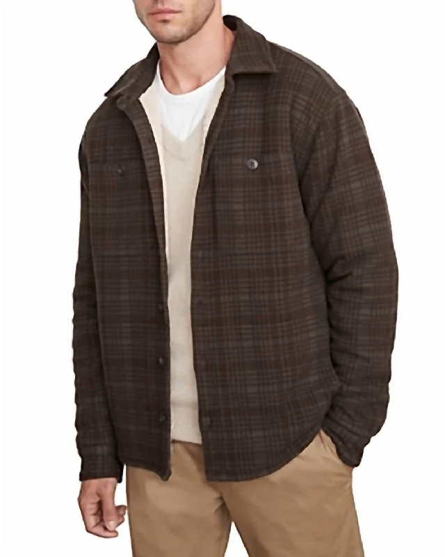 Denim men jackets with embroidered patches for a personalized touch Men coats with a detachable faux - fur collar for a trendy and warm touch Plaid Sherpa Shirt Jacket In Frog/wet Cedar