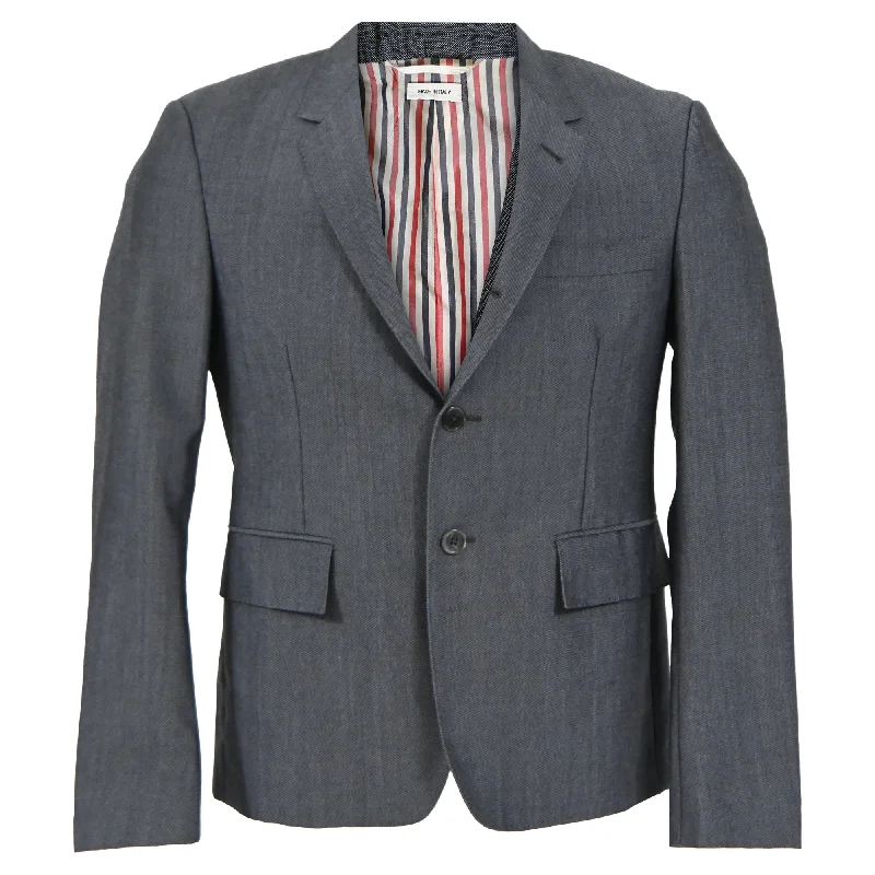 Performance - driven men jackets with breathable fabric for sports Men coats with a stand - up collar for a sleek and modern look Thom Browne RWB Selvedge Blazer in Grey Mohair Wool Performance - driven men jackets with breathable fabric for sports Men coats with a stand - up collar for a sleek and modern look Thom Browne RWB Selvedge Blazer in Grey Mohair Wool