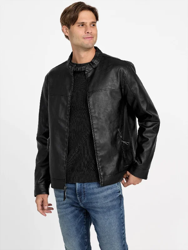 Men jackets with a built - in hood that can be stowed away when not in use Men coats with a hooded design for added protection against the elements Rickie Faux-Leather Biker Jacket Men jackets with a built - in hood that can be stowed away when not in use Men coats with a hooded design for added protection against the elements Rickie Faux-Leather Biker Jacket