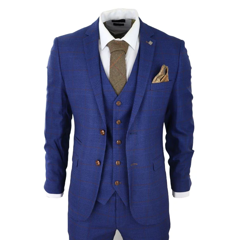 Checkered men jackets in a plaid pattern for a preppy appearance Men coats with a zip - out lining for easy cleaning and versatility Mens Blue Brown Check 3 Piece Tailored Fit Suit Checkered men jackets in a plaid pattern for a preppy appearance Men coats with a zip - out lining for easy cleaning and versatility Mens Blue Brown Check 3 Piece Tailored Fit Suit