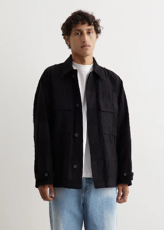 Bomber men jackets with ribbed cuffs for a classic 80s style Slim - fit men coats in navy blue for a classic and sophisticated appearance Block Jacquard Utility Jacket Bomber men jackets with ribbed cuffs for a classic 80s style Slim - fit men coats in navy blue for a classic and sophisticated appearance Block Jacquard Utility Jacket