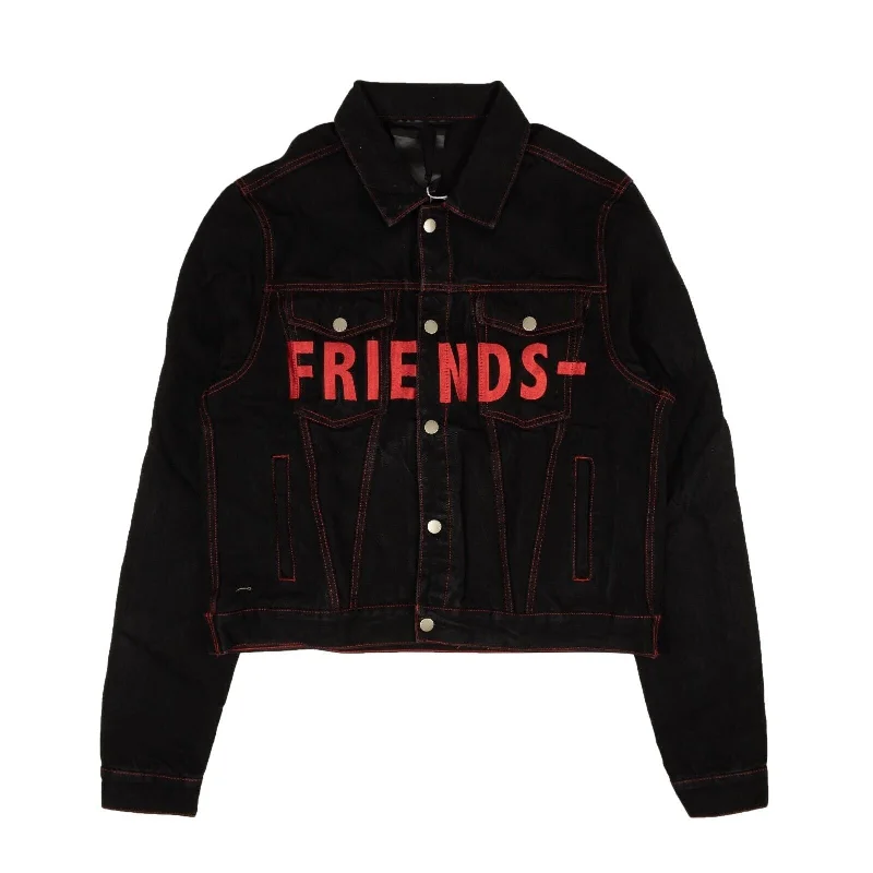 Embroidered men jackets with intricate floral designs for a unique aesthetic Men coats with a soft fleece interior for extra warmth and comfort Vlone Friends Denim Jacket - Black/Red Embroidered men jackets with intricate floral designs for a unique aesthetic Men coats with a soft fleece interior for extra warmth and comfort Vlone Friends Denim Jacket - Black/Red