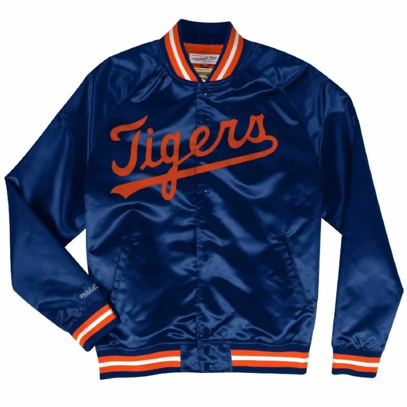 Slim - fit leather men jackets with a distressed finish for a rugged look Stylish men coats with a double - breasted design for a formal look Men's Mlb Detroit Tigers Lightweight Satin Jacket In Navy