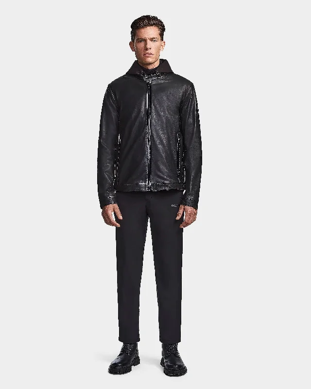 Men jackets with a built - in hood that can be stowed away when not in use Men coats with a hooded design for added protection against the elements ELON MEN'S LEATHER BIKER JACKET WITH REMOVABLE HOOD Men jackets with a built - in hood that can be stowed away when not in use Men coats with a hooded design for added protection against the elements ELON MEN'S LEATHER BIKER JACKET WITH REMOVABLE HOOD