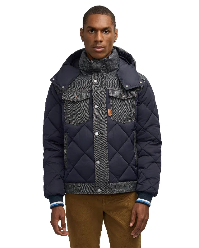 Slim - fit leather men jackets with a distressed finish for a rugged look Stylish men coats with a double - breasted design for a formal look Scotch & Soda Men's Oren Hybrid Denim Puffer With Removable Hood