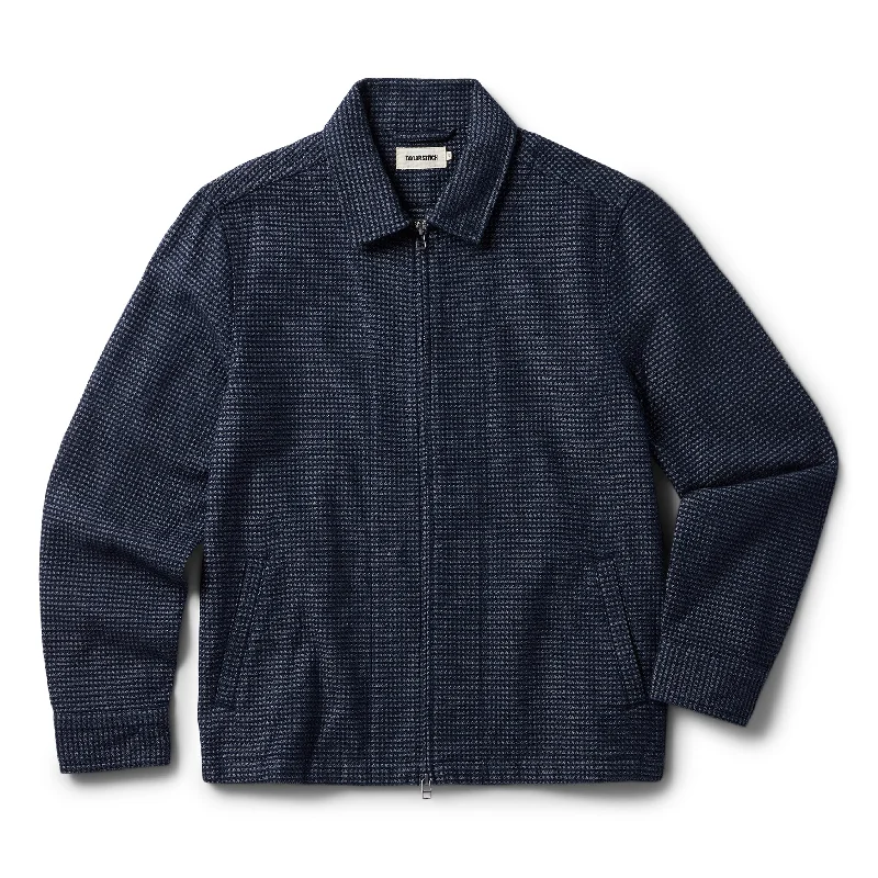 Slim - fit leather men jackets with a distressed finish for a rugged look Stylish men coats with a double - breasted design for a formal look The Cavern Jacket in Navy Dobby Grid Slim - fit leather men jackets with a distressed finish for a rugged look Stylish men coats with a double - breasted design for a formal look The Cavern Jacket in Navy Dobby Grid