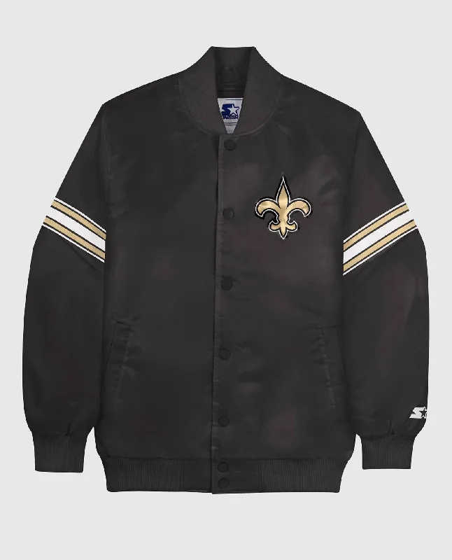 Embroidered men jackets with intricate floral designs for a unique aesthetic Men coats with a soft fleece interior for extra warmth and comfort Men's New Orleans Saints Varsity Jacket In Black Embroidered men jackets with intricate floral designs for a unique aesthetic Men coats with a soft fleece interior for extra warmth and comfort Men's New Orleans Saints Varsity Jacket In Black