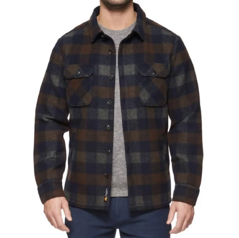 Embroidered men jackets with intricate floral designs for a unique aesthetic Men coats with a soft fleece interior for extra warmth and comfort Milbank Flannel Shirt Jacket In Navy/brown/cream Embroidered men jackets with intricate floral designs for a unique aesthetic Men coats with a soft fleece interior for extra warmth and comfort Milbank Flannel Shirt Jacket In Navy/brown/cream