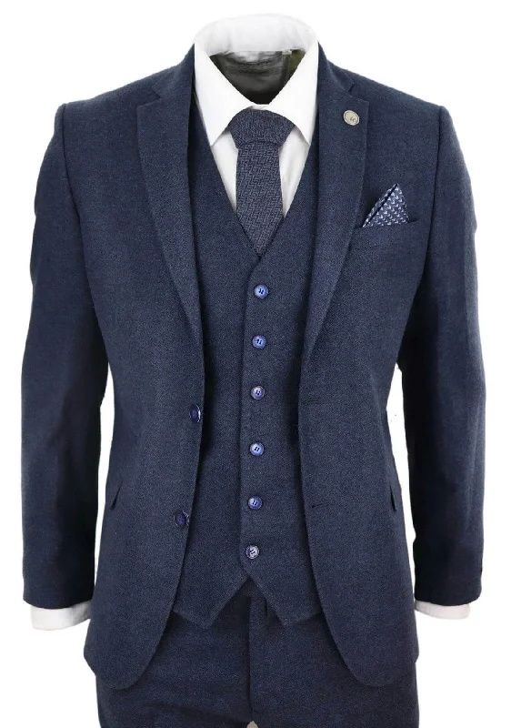 Denim men jackets with embroidered patches for a personalized touch Men coats with a detachable faux - fur collar for a trendy and warm touch Mens 3 Piece Navy Blue Wool Tweed Vintage Retro Suit