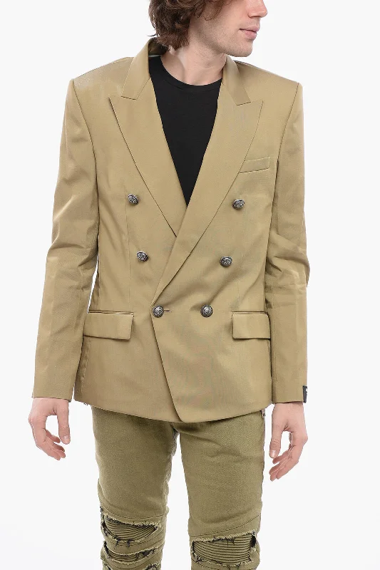 Men jackets with a media - friendly pocket for easy access to gadgets Men coats made from recycled materials for an eco - friendly choice Balmain Double-Breasted Cotton Blend Unlined Blazer With Logoed Butt Men jackets with a media - friendly pocket for easy access to gadgets Men coats made from recycled materials for an eco - friendly choice Balmain Double-Breasted Cotton Blend Unlined Blazer With Logoed Butt
