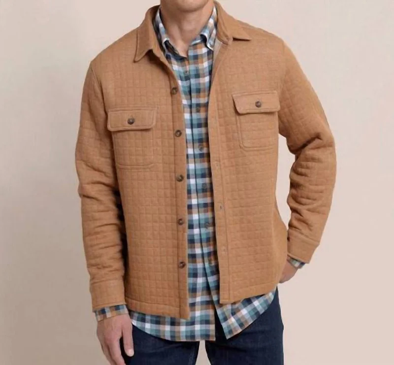 Men jackets with a built - in hood that can be stowed away when not in use Men coats with a hooded design for added protection against the elements Fairwood Quilted Knit Shacket In Hazelnut Khaki Men jackets with a built - in hood that can be stowed away when not in use Men coats with a hooded design for added protection against the elements Fairwood Quilted Knit Shacket In Hazelnut Khaki