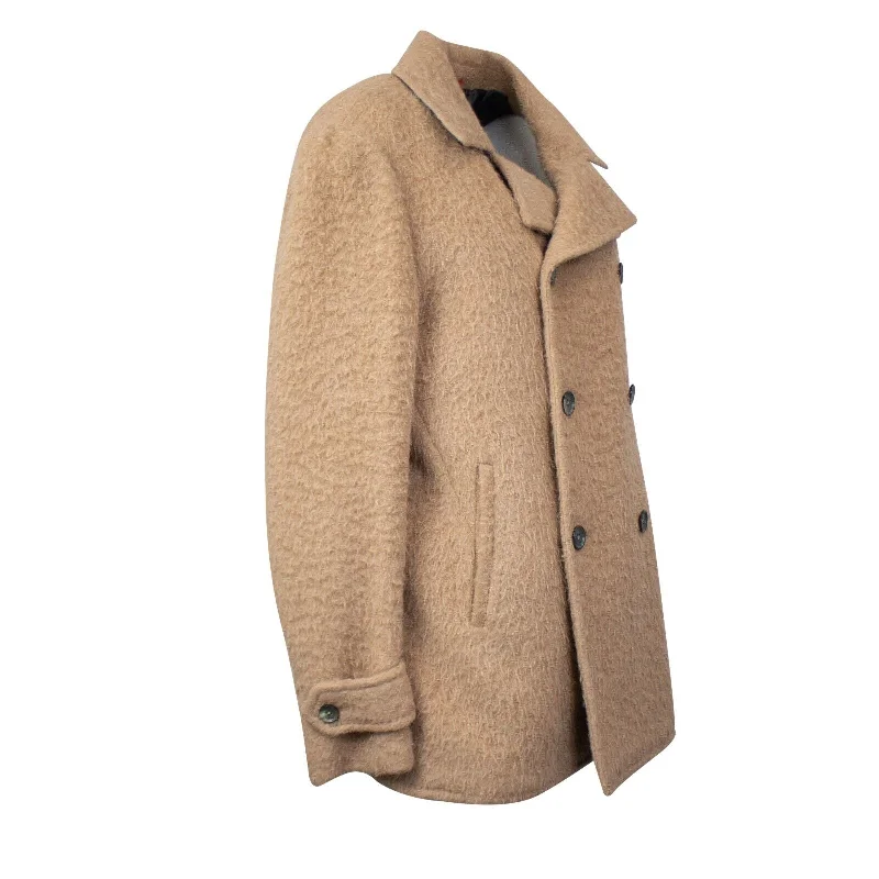 Plus - size men jackets with adjustable drawstrings for a comfortable fit Men coats with a wind - resistant outer layer for blustery weather Isaia Shearling Texture With Back Vent - Tan Plus - size men jackets with adjustable drawstrings for a comfortable fit Men coats with a wind - resistant outer layer for blustery weather Isaia Shearling Texture With Back Vent - Tan
