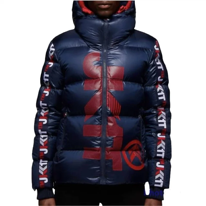 Denim men jackets with embroidered patches for a personalized touch Men coats with a detachable faux - fur collar for a trendy and warm touch Prime Time Racer Down Puffer Jacket In Navy/red Denim men jackets with embroidered patches for a personalized touch Men coats with a detachable faux - fur collar for a trendy and warm touch Prime Time Racer Down Puffer Jacket In Navy/red