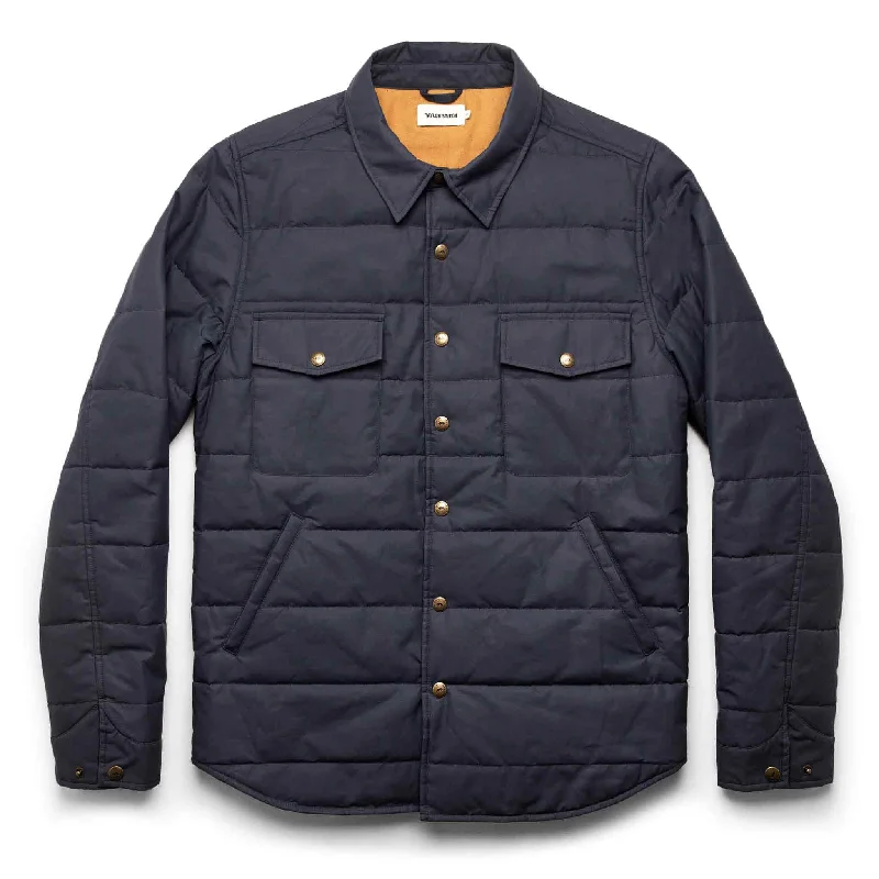 Men jackets with a hidden interior pocket for secure storage Men coats with multiple inner pockets for convenient storage of essentials The Garrison Shirt Jacket in Navy Dry Wax Men jackets with a hidden interior pocket for secure storage Men coats with multiple inner pockets for convenient storage of essentials The Garrison Shirt Jacket in Navy Dry Wax