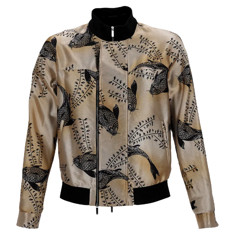 Men jackets with a zip - off sleeves to convert to a vest Camouflage men coats for outdoor enthusiasts and hunters Emporio Armani Koi Print Bomber Jacket in Gold Silk Men jackets with a zip - off sleeves to convert to a vest Camouflage men coats for outdoor enthusiasts and hunters Emporio Armani Koi Print Bomber Jacket in Gold Silk