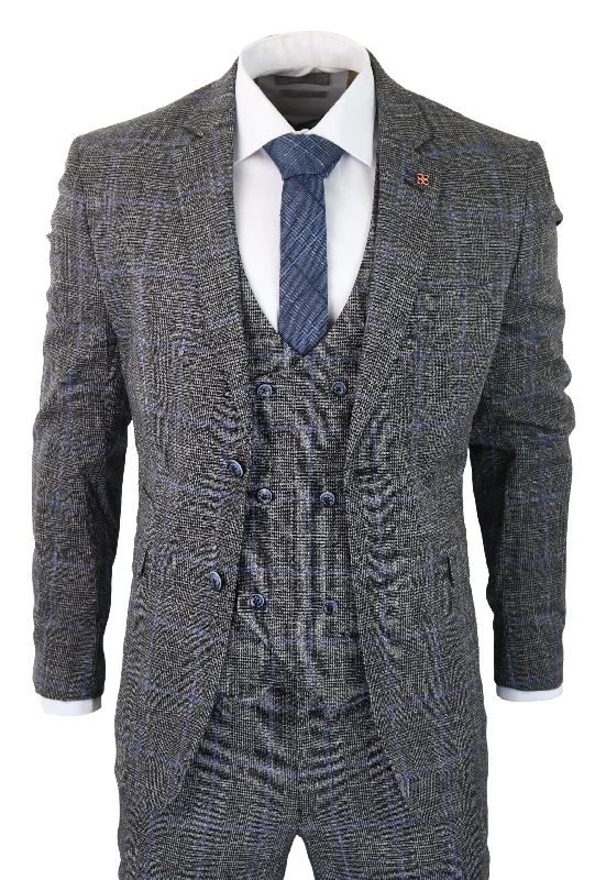 Denim men jackets with embroidered patches for a personalized touch Men coats with a detachable faux - fur collar for a trendy and warm touch Power 3 Piece Suit Check Grey Double Breasted