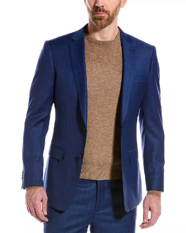 Bomber men jackets with ribbed cuffs for a classic 80s style Slim - fit men coats in navy blue for a classic and sophisticated appearance Cavalli Class by Roberto Cavalli Mens Blue Plaid Slim Fit Wool Suit