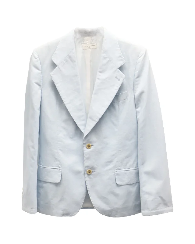 Men jackets with a hidden interior pocket for secure storage Men coats with multiple inner pockets for convenient storage of essentials Dries Van Noten Single-Breasted Blazer in Light Blue Cotton Men jackets with a hidden interior pocket for secure storage Men coats with multiple inner pockets for convenient storage of essentials Dries Van Noten Single-Breasted Blazer in Light Blue Cotton