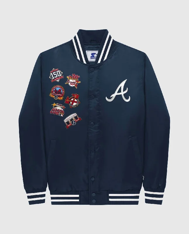 Plus - size men jackets with adjustable drawstrings for a comfortable fit Men coats with a wind - resistant outer layer for blustery weather Men's Atlanta Braves Varsity Jacket In Navy Plus - size men jackets with adjustable drawstrings for a comfortable fit Men coats with a wind - resistant outer layer for blustery weather Men's Atlanta Braves Varsity Jacket In Navy