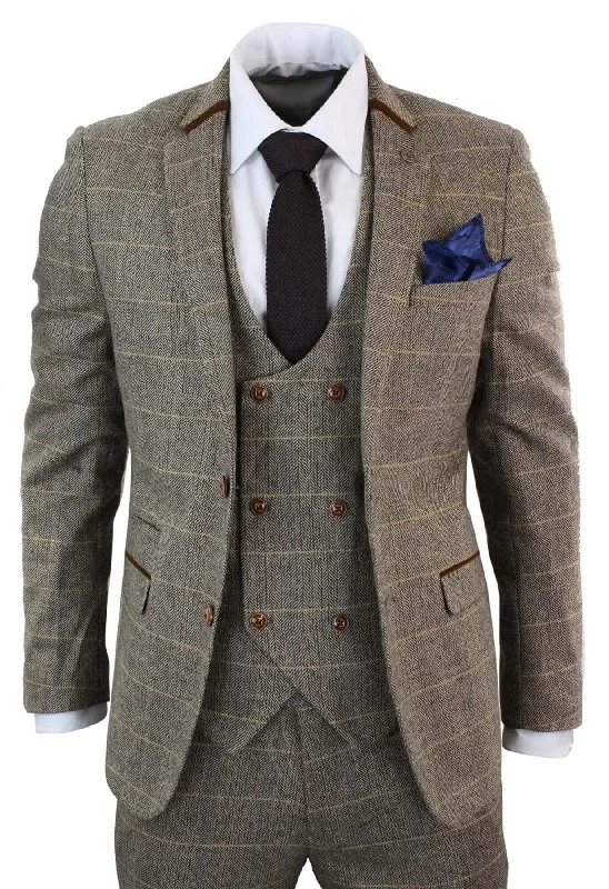 Lightweight men jackets made from recycled nylon for eco - friendly travel Men coats with a contrasting trim for a fashion - forward aesthetic Mens 3 Piece Tan Herringbone Tweed Check Suit