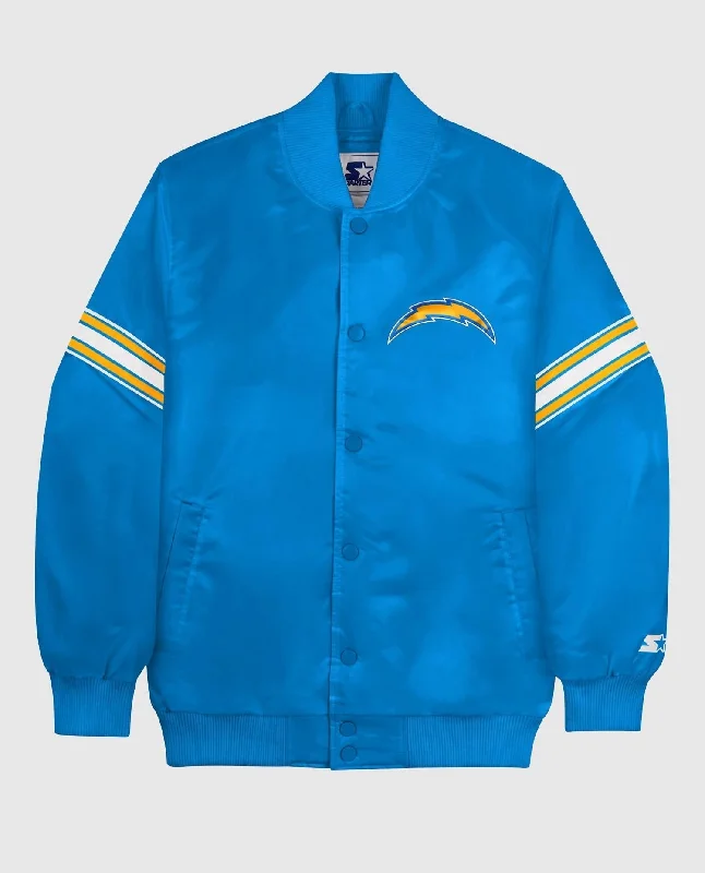 Bomber men jackets with ribbed cuffs for a classic 80s style Slim - fit men coats in navy blue for a classic and sophisticated appearance Men's Los Angeles Chargers Varsity Jacket In Light Blue Bomber men jackets with ribbed cuffs for a classic 80s style Slim - fit men coats in navy blue for a classic and sophisticated appearance Men's Los Angeles Chargers Varsity Jacket In Light Blue