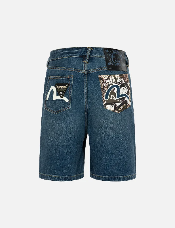 Men's denim shorts with a side - zip pocket for added convenience Allover Godhead Print and Seagull Embroidery Relax Fit Denim Shorts Men's denim shorts with a side - zip pocket for added convenience Allover Godhead Print and Seagull Embroidery Relax Fit Denim Shorts
