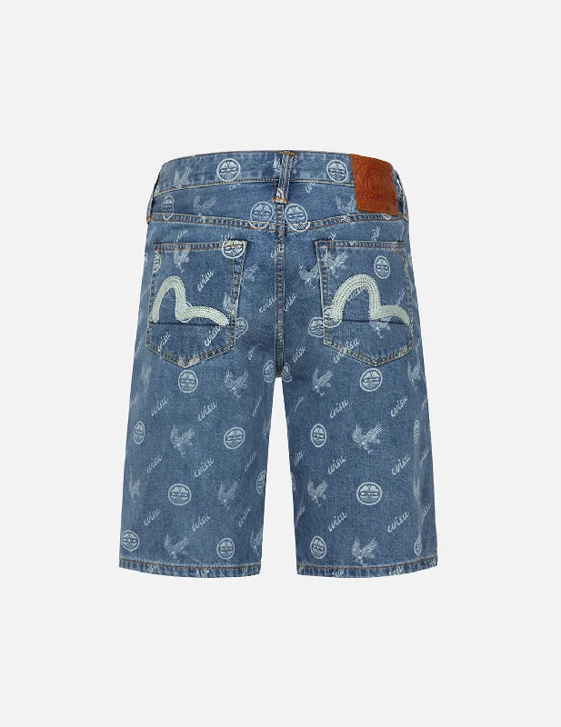 Men's denim shorts with a button - fly closure Allover Kamon and Eagle Print Denim Shorts Men's denim shorts with a button - fly closure Allover Kamon and Eagle Print Denim Shorts