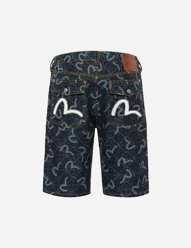 Men's denim shorts with a patchwork pattern for a unique style Allover Seagull and Kamon Jacquard Regular Fit Denim Shorts Men's denim shorts with a patchwork pattern for a unique style Allover Seagull and Kamon Jacquard Regular Fit Denim Shorts