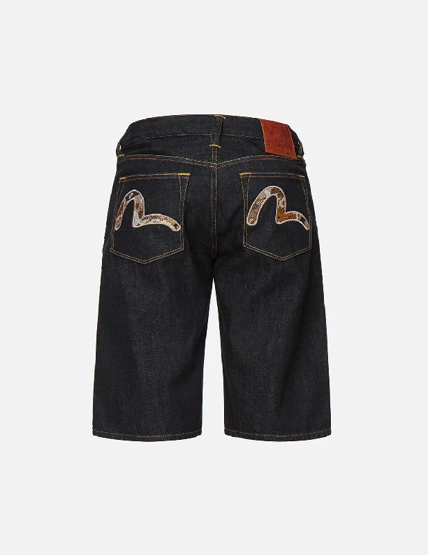 Men's denim shorts with a contrast - colored waistband Brocade Seagull Appliqué Denim Shorts Men's denim shorts with a contrast - colored waistband Brocade Seagull Appliqué Denim Shorts