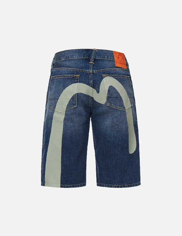 Men's denim shorts with a washed - out indigo color for a vintage feel Brocade Seagull Appliqué Denim Shorts Men's denim shorts with a washed - out indigo color for a vintage feel Brocade Seagull Appliqué Denim Shorts