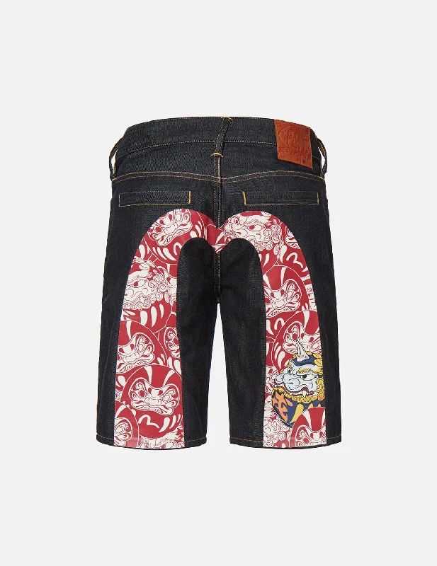 Loose - fit men's denim shorts for ultimate comfort Daruma Buddies Pattern Daicock Print Denim Shorts Loose - fit men's denim shorts for ultimate comfort Daruma Buddies Pattern Daicock Print Denim Shorts