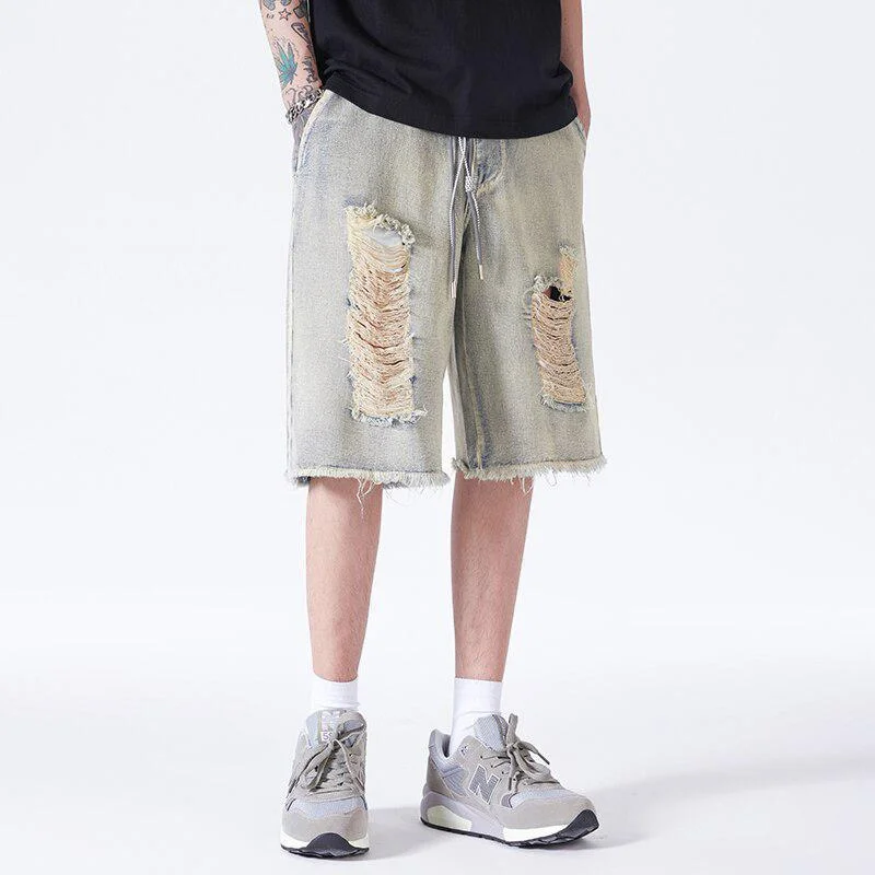 Men's denim shorts with a single - button back pocket for a simple design Distressed Light Wash Denim Shorts Men's denim shorts with a single - button back pocket for a simple design Distressed Light Wash Denim Shorts