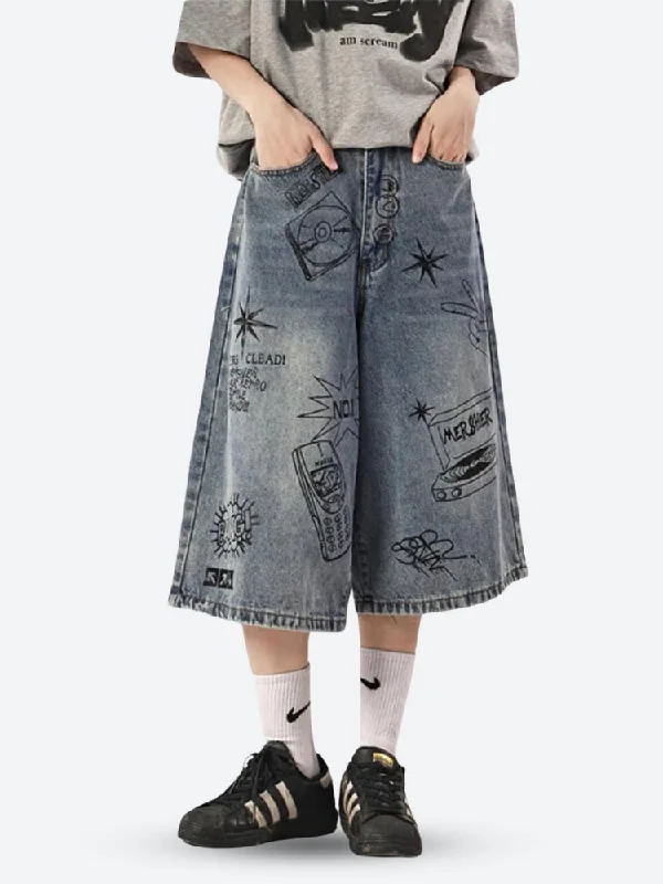 Men's denim shorts with a washed - out indigo color for a vintage feel Grunge Wide Leg Denim Shorts Men's denim shorts with a washed - out indigo color for a vintage feel Grunge Wide Leg Denim Shorts