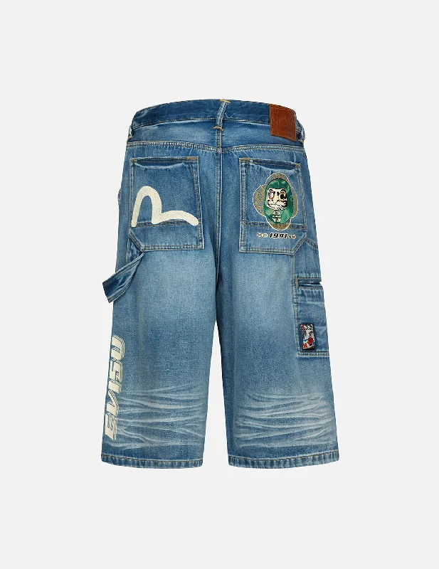 Men's denim shorts in a faded blue color for a worn - in look Hanafuda Daruma and Seagull Print Fashion Fit Denim Shorts Men's denim shorts in a faded blue color for a worn - in look Hanafuda Daruma and Seagull Print Fashion Fit Denim Shorts