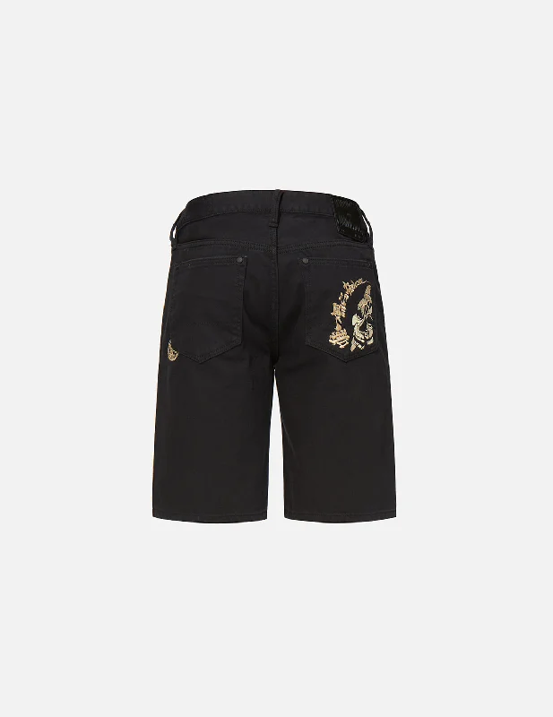 Men's denim shorts with a double - stitched construction for durability Hannya Skull Embroidered Denim Shorts Men's denim shorts with a double - stitched construction for durability Hannya Skull Embroidered Denim Shorts