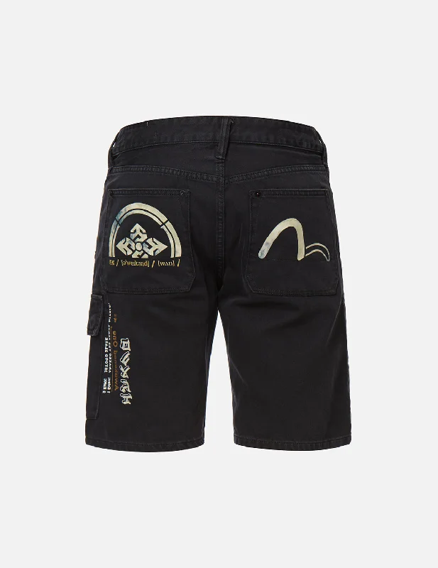 Men's denim shorts with a back - pocket embroidery for a personalized touch Kamon and Seagull Print Denim Shorts Men's denim shorts with a back - pocket embroidery for a personalized touch Kamon and Seagull Print Denim Shorts