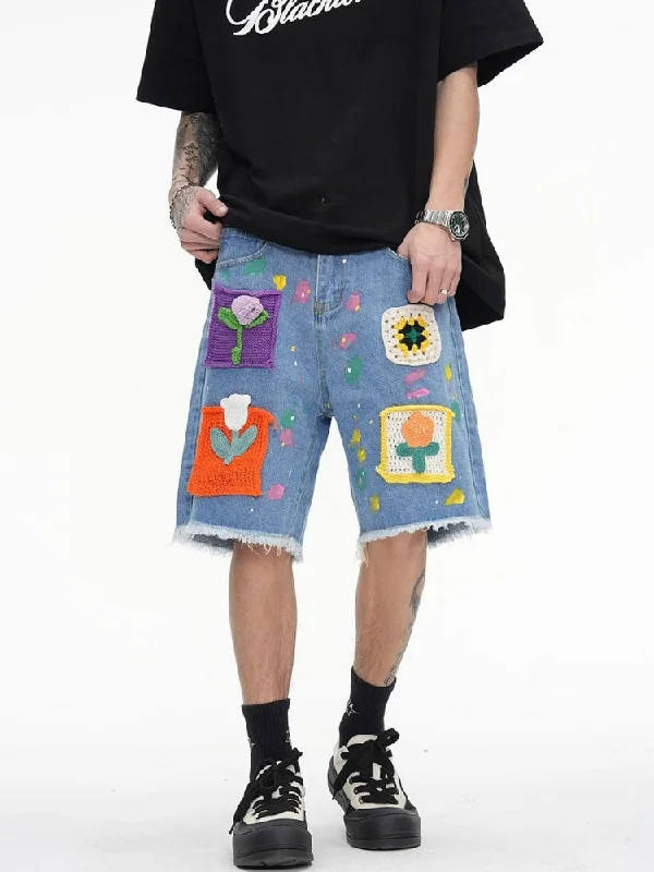 Men's denim shorts with a lightweight, breathable lining Knitted Flower Patch Denim Shorts Men's denim shorts with a lightweight, breathable lining Knitted Flower Patch Denim Shorts
