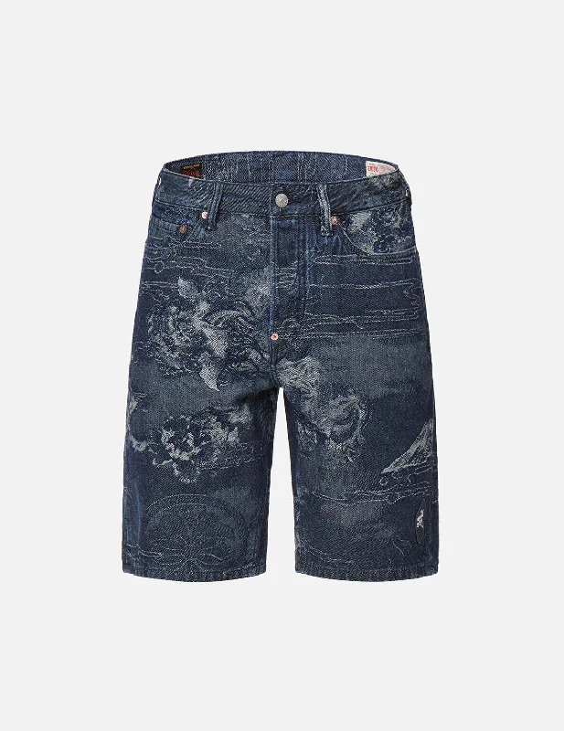 Men's denim shorts with a single - button back pocket for a simple design Komainu Jacquard Denim Shorts Men's denim shorts with a single - button back pocket for a simple design Komainu Jacquard Denim Shorts