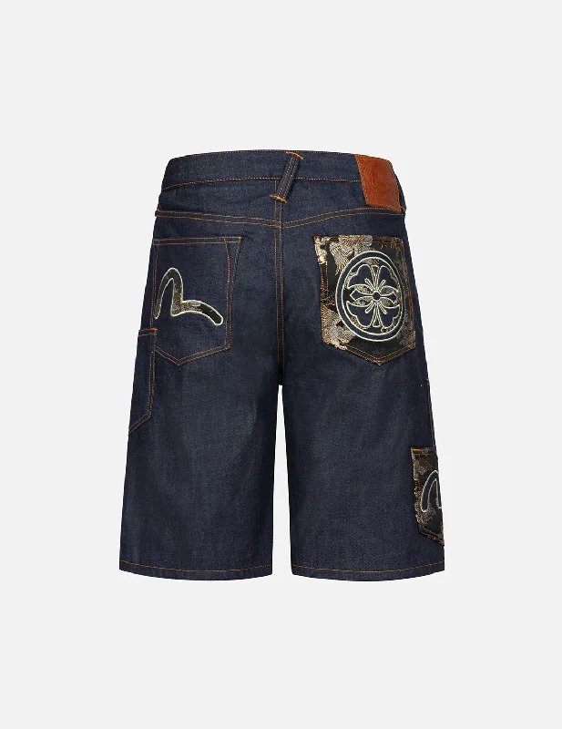 Men's denim shorts with a stretch - denim material for enhanced mobility Logo Embroidery and Brocade Appliqué Denim Shorts Men's denim shorts with a stretch - denim material for enhanced mobility Logo Embroidery and Brocade Appliqué Denim Shorts