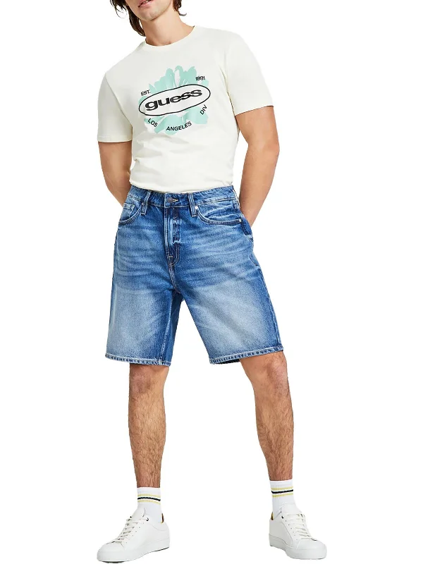 Men's denim shorts with a geometric - pattern embroidery​ Mens Denim Denim Shorts