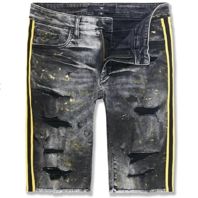 Men's denim shorts with a button - through front pockets Men's Time's Up Denim Shorts In Black Men's denim shorts with a button - through front pockets Men's Time's Up Denim Shorts In Black