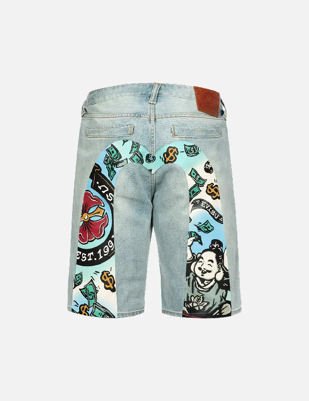 Men's denim shorts with a drawstring waist for adjustable comfort Playful Godhead Daicock Print Regular Fit Denim Shorts Men's denim shorts with a drawstring waist for adjustable comfort Playful Godhead Daicock Print Regular Fit Denim Shorts