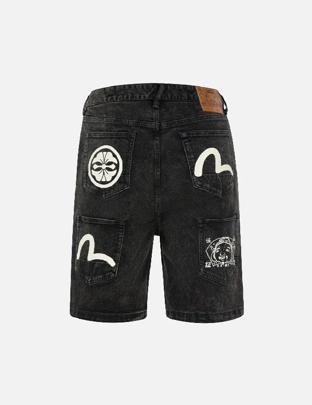 Men's denim shorts with a belt loop design for easy accessorizing Seagull and Kamon Print Multi-Pocket Relax Fit Denim Shorts Men's denim shorts with a belt loop design for easy accessorizing Seagull and Kamon Print Multi-Pocket Relax Fit Denim Shorts