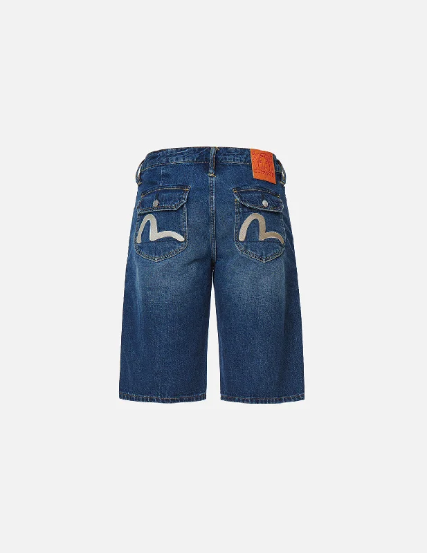 Men's denim shorts with a high - low hem for a modern, asymmetric style​ Seagull Embroidered Denim Shorts