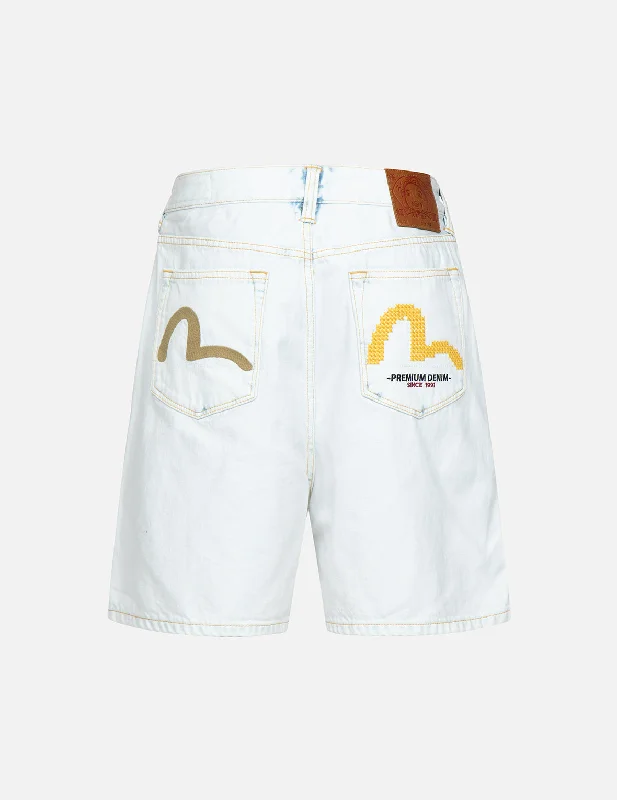 Men's denim shorts with a back - pocket embroidery for a personalized touch Seagull Embroidery Bleached Denim Shorts Men's denim shorts with a back - pocket embroidery for a personalized touch Seagull Embroidery Bleached Denim Shorts
