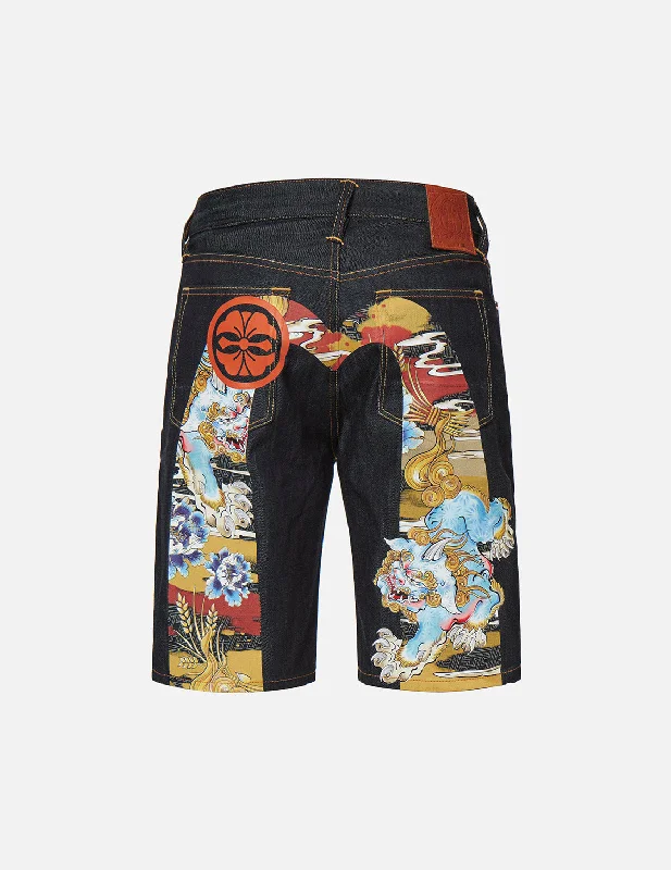Men's denim shorts with a side - split hem for a more relaxed fit Vintage Komainu Painting Daicock Print Denim Shorts Men's denim shorts with a side - split hem for a more relaxed fit Vintage Komainu Painting Daicock Print Denim Shorts